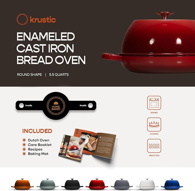 Krustic Enameled Cast Iron Dutch Oven for Sourdough Bread Baking | 6 Quart Round Pot with Lid | 10 Inch Ceramic Enamel Thick Coated Cookware Set with Non Stick Silicone Baking Mat for Cooking | 6 Qt | Red