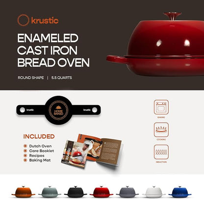 Krustic Enameled Cast Iron Dutch Oven for Sourdough Bread Baking | 6 Quart Round Pot with Lid | 10 Inch Ceramic Enamel Thick Coated Cookware Set with Non Stick Silicone Baking Mat for Cooking | 6 Qt | Red
