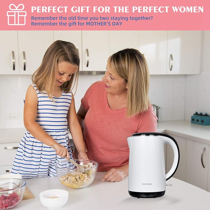 Secura Original Stainless Steel Double Wall Electric Water Kettle 1.8 Quart with Auto Shut-Off & Boil-Dry Protection, White SWK-1701DW/HB-3227B
