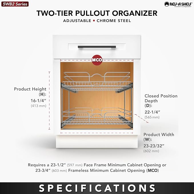 Rev-A-Shelf 2-Tier Pullout Shelf and Drawer Organizer for Kitchen Cabinets, Slide Out Storage Basket, Min Opening Width of 23.5", 24" x 22", 5WB2-2422-CR-1