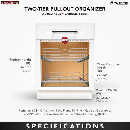 Rev-A-Shelf 2-Tier Pullout Shelf and Drawer Organizer for Kitchen Cabinets, Slide Out Storage Basket, Min Opening Width of 23.5", 24" x 22", 5WB2-2422-CR-1