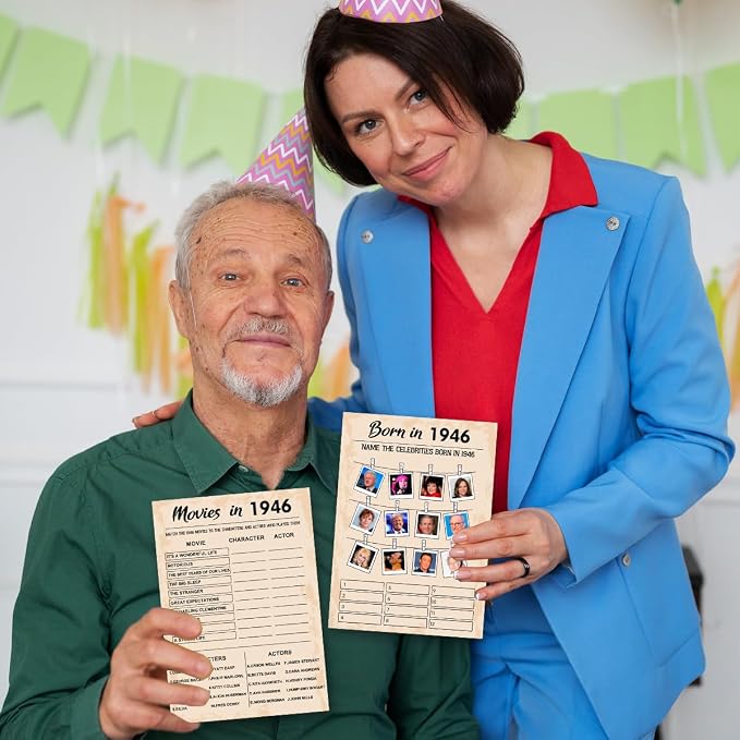 QUPT 80th Birthday Party Games, Set of 5 Activities for 10 Guests, Born in 1946 Games Bundle, Birthday Party Supplies for Adults, Pack of 50 Cards
