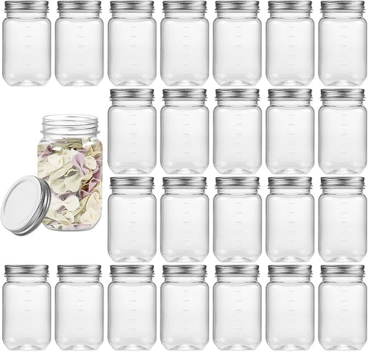 16 OZ Mason Jars Plastic Clear Storage Containers with Lids Empty Refillable Airtight Container for Home Kitchen (Silver, 24 Pack)