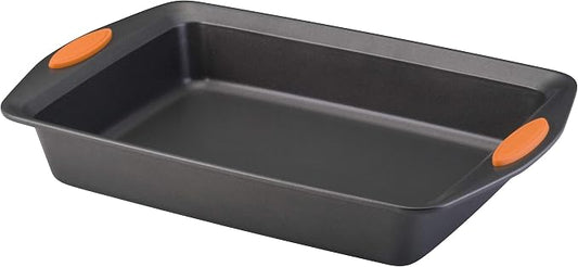 Rachael Ray Yum-o! Nonstick Bakeware Oven Lovin' Rectangle Cake Pan, 9-Inch by 13-Inch, Gray with Orange Handles