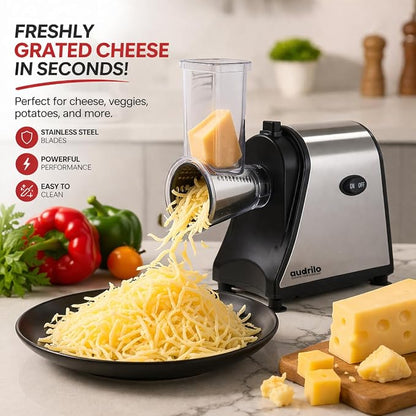 AUDRILO Electric Salad Maker & Cheese Grater, 5-in-1 Electric Vegetable Slicer with Interchangeable Stainless Steel Blades, Electric Food Processor for Cheese, Fruits & Vegetables, Electric Grater