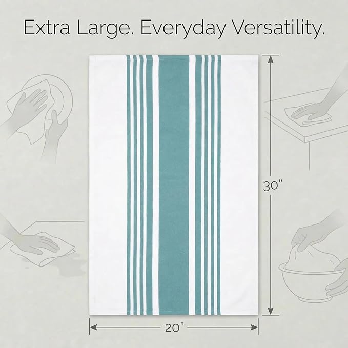 Urban Villa Kitchen Towels 100% Cotton Dish Towels for Kitchen (Set of 6) 20”x30” Dish Cloths Highly Absorbent Kitchen Linen Set with Hanging Loop Perfect for Drying Dishes Cleaning Towels-Aqua White
