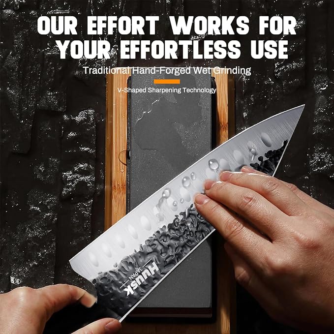 Huusk Knives from Japan Santoku knife - Hand Forged Chef Knife for Meat Cutting - Ideal Kitchen Knife Made From a Single Piece of High Carbon Steel Christmas Gift for Men and Women