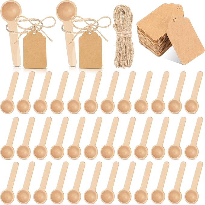 Baderke 50 Sets 3 Inch Mini Wooden Spoons Small Wooden Spoons Disposable Small Spoons for Spice Jars Wood Spoons with Tags and Twine Condiments Honey Sugar Kitchen Cooking Oil Tea Coffee