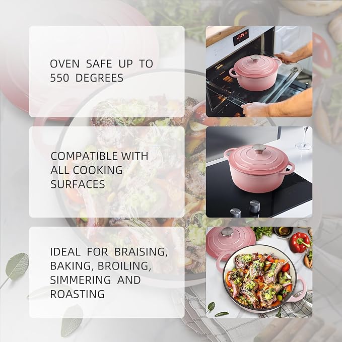 4 Quart Dutch Oven Enameled Cast Iron with Lid - Big Dual Handles - Oven Safe up to 500°F - Classic Round Pot for Versatile Cooking Pink