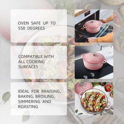 6 Quart Dutch Oven Enameled Cast Iron with Lid - Big Dual Handles - Oven Safe up to 500°F - Classic Round Pot for Versatile Cooking Pink