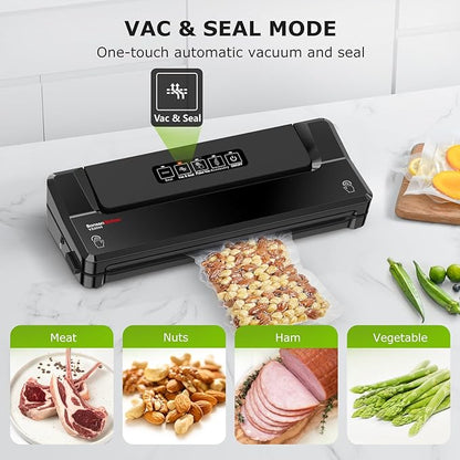 Bonsenkitchen Vacuum Sealer Machine | Compact Food Sealer for Kitchen Storage & Meal Prep | Multiple Modes | External Vacuum System | 5 Bags, Black