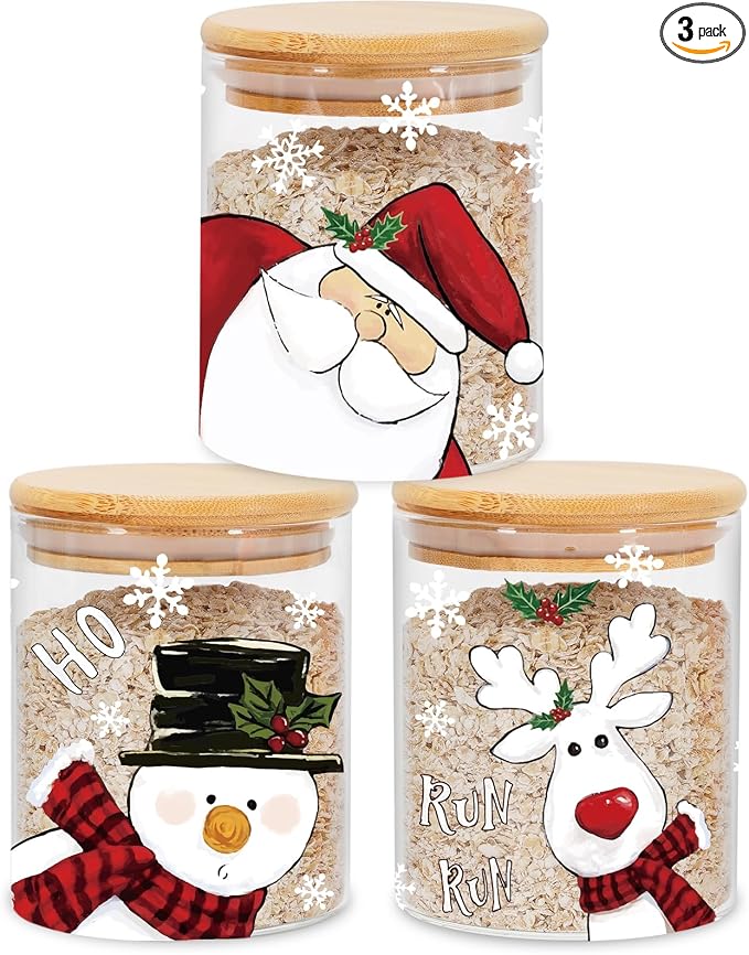 JarThenaAMCS 3Pcs Christmas Glass Storage Jars with Airtight Lid Santa Snowman Reindeer Decorative Canisters Sets for Winter Xmas Home Kitchen Countertop