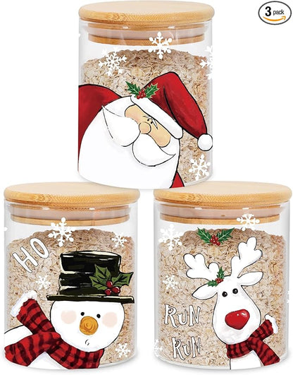 JarThenaAMCS 3Pcs Christmas Glass Storage Jars with Airtight Lid Santa Snowman Reindeer Decorative Canisters Sets for Winter Xmas Home Kitchen Countertop