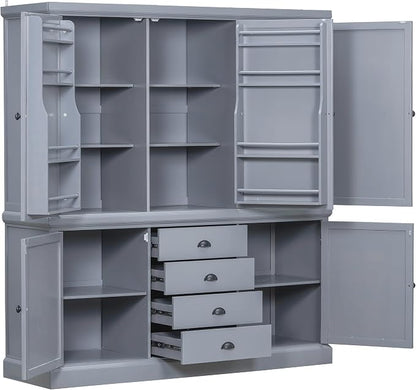 VilroCaz Freestanding Large Kitchen Pantry, Wooden Kitchen Organizers and Storage Cabinet with 4 Drawers, Cupboard, 5 Doors, Adjustable Shelves for Dining Room (Gray-3.15)