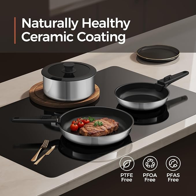 16PCS Pots and Pans Set Non Stick, Diamond-Titanium Ceramic Cookware Set & 3 Layer Stainless Steel with Detachable Handle, Induction Cookware, Non Toxic Oven/Dishwasher Safe, Black