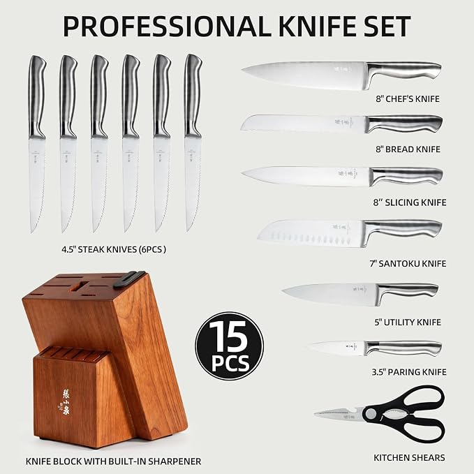 ZHANG XIAO QUAN 15-Piece Kitchen Knife Set with Block, High Carbon Stainless Steel, Ergonomic Hollow Handles, Durable Sharp Blades for Precision Cutting, Silver