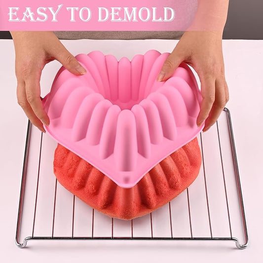 HUAKENER 2 Pack Heart Fluted Cake Pan, 9 Inch Heart Cake Molds, Nonstick Silicone Cake Molds
