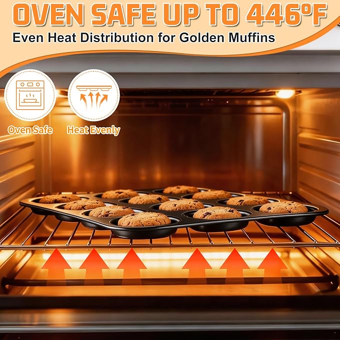 P&P CHEF 12-Cup Muffin Top Pan (2 Piece), Stainless Steel Muffin Pan Cupcake Tin with Shallow Side for Whoopie Pie & Yorkshire Pudding, Easy Clean & Oven Safe, Black