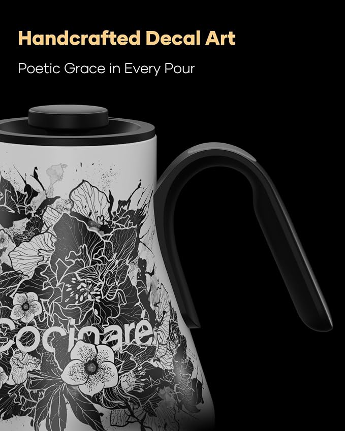 Cocinare Artisan Blossom Gooseneck Electric Kettle, ±1℉ Precise Temperature Control for Pour-Over Coffee & Tea, Quick Heating 1500W, Stainless Steel Interior, 0.9L