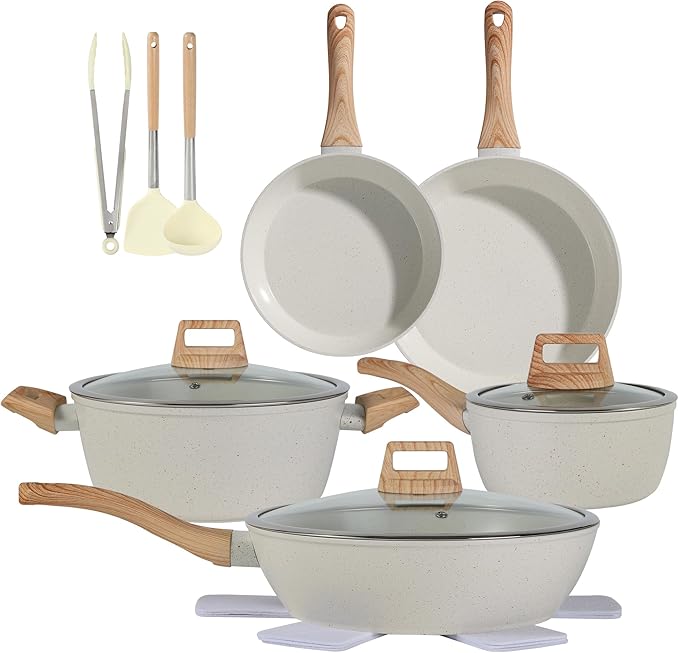 Ceramic Cookware Sets 15PCS Pots and Pans Set Non Stick (white15)
