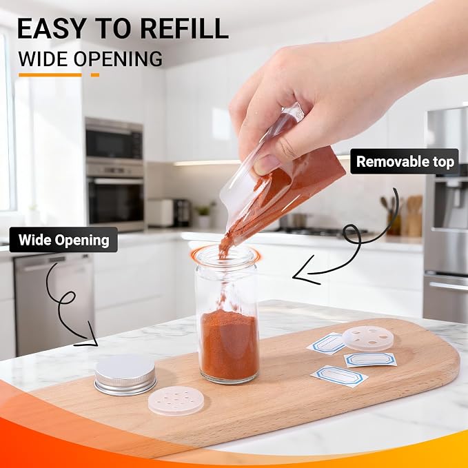 Segarty 3oz Spice Jars with Silver Aluminum Lid, 6PCS 90ml Round Spices Bottles for Seasonings Cereals Storage, Empty Glass Seasoning Container Set, Salt and Pepper Organizers with 7 Stickers, 1 Brush