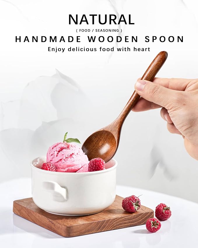7 PCS Wooden Spoons for Honey, 6.7 inch Small Wooden Spoons - Terrific for Tea, Coffee & Soup, Little Wood Serving Table Spoon Set, Bulk Bamboo Teaspoon for Eating with Unique Design