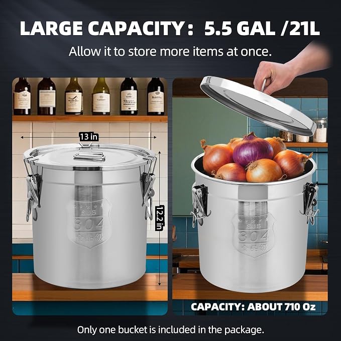 21L/5.5 Gal 304 Stainless Steel Containers with Lids 710 Oz Stainless Steel Airtight Containers with Lids and Lock Hole 304 Airtight Container for Kitchen 304 Stainless Bucket containers