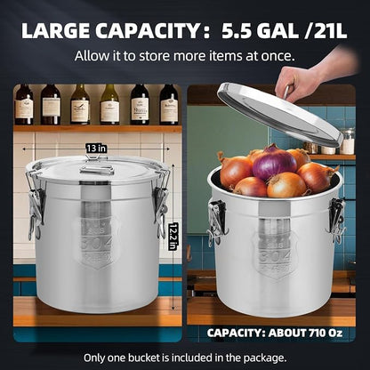 21L/5.5 Gal 304 Stainless Steel Containers with Lids 710 Oz Stainless Steel Airtight Containers with Lids and Lock Hole 304 Airtight Container for Kitchen 304 Stainless Bucket containers