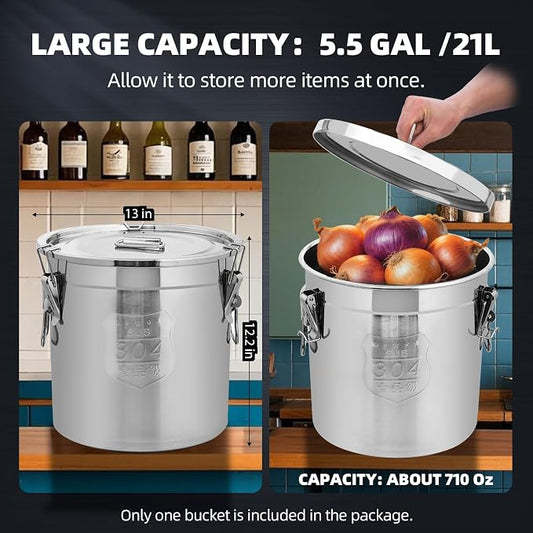 21L/5.5 Gal 304 Stainless Steel Containers with Lids 710 Oz Stainless Steel Airtight Containers with Lids and Lock Hole 304 Airtight Container for Kitchen 304 Stainless Bucket containers
