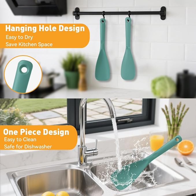12.6" Extra Long Silicone Spatula Spoon for Nonstick Cookware, Seamless One-Piece Design Cooking Spoon with Built-in Tool Rest for Mixing, Scoop and Scrape, Dishwasher Safe, Black & Aqua Sky