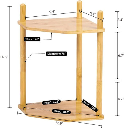 3-Tier Expandable Bamboo Corner Shelf - Dish/Plate Organizer for Cabinet, Kitchen Counter Shelf & Small Kitchen Shelf, Adjustable (11.4" H-Natural, 2-Tier)