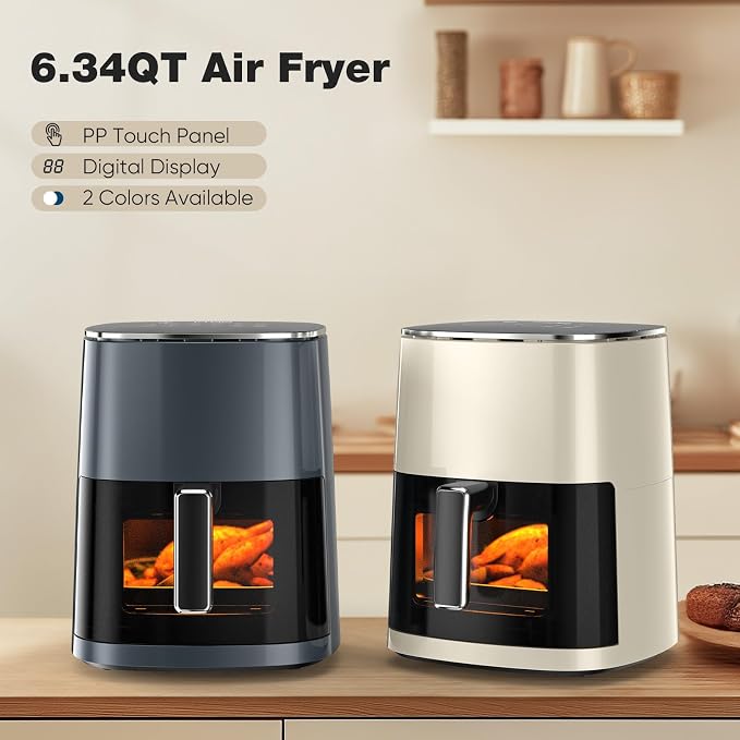 Sweetcrispy Air Fryer 6QT with Window, Square Airfryer Oven 12-in-1 for Family, 400°F Rapid Air Crispy Technology, Roast Bake Dehydrate, Nonstick & Easy-Clean Basket, Grey