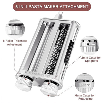 Pasta Maker Attachment for KitchenAid Stand Mixers, 3-in-1 Pasta Roller & Cutter Set with Spaghetti and Fettuccine Cutter Blades, Adjustable 8 Thickness Settings, Durable Metal Construction