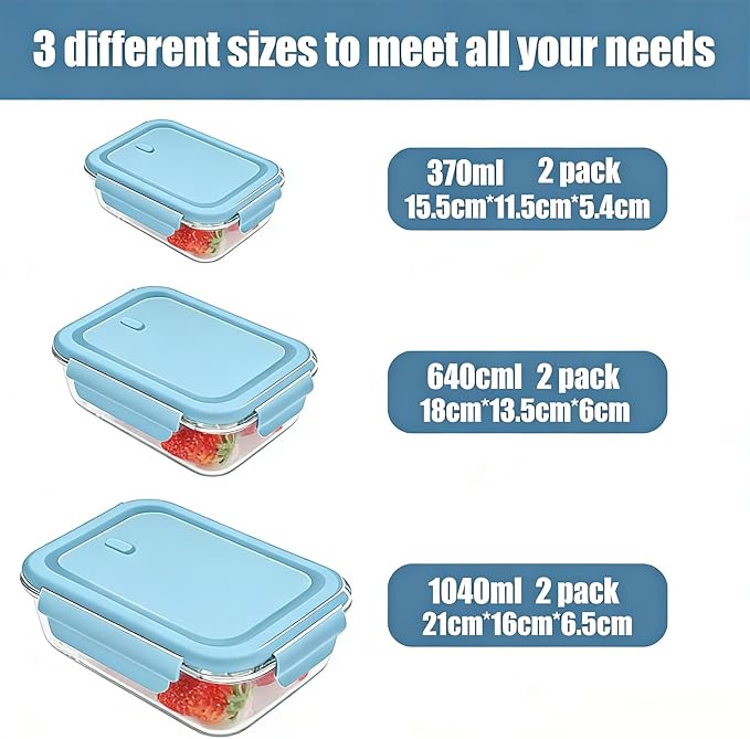 Glass Meal Prep Containers 5 Pack,Three Sizes Airtight Glass Lunch Containers, Glass Food Storage Containers with Lids, for Microwave, Oven, Freezer & Dishwasher Friendly(Sky Blue)