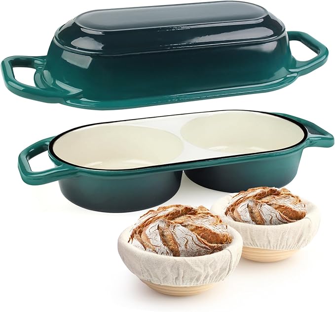 YONILL Mini Double Dutch Oven for Sourdough Bread Baking - Enameled Cast Iron Dutch Oven Pot with Lid and 5" Banneton Bread Proofing Basket Kit, Dual Round Bread Loaf Pan for Homemade Baking