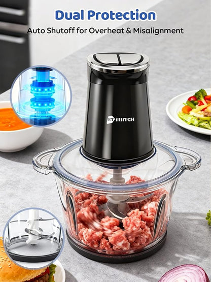 IRIITCH Food Processor with LED Timer, 800W Electric Chopper with 2 Bowls (12-cups Glass Bowl+12 cups Stainless Steel Bowl), 2 Set 6 Bi-Level S-Blades, Meat Grinder for Nuts, Onion, Garlic, Baby Food