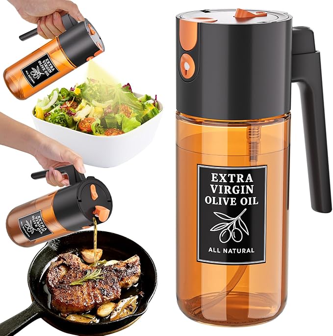 500ml Black Oil Sprayer and Dispenser, 2-in-1 Dark-Tinted Glass Spray Bottle for Air Fryer, BBQ, Salad, Baking, Refillable Oil Mister