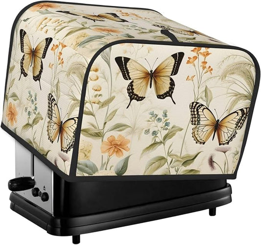Butterfly Flower Vintage 4 Slice Toaster Cover, Dustproof, Waterproof, Polyester, Wide Slot, Fingerprint Protection, Kitchen Appliance Cover