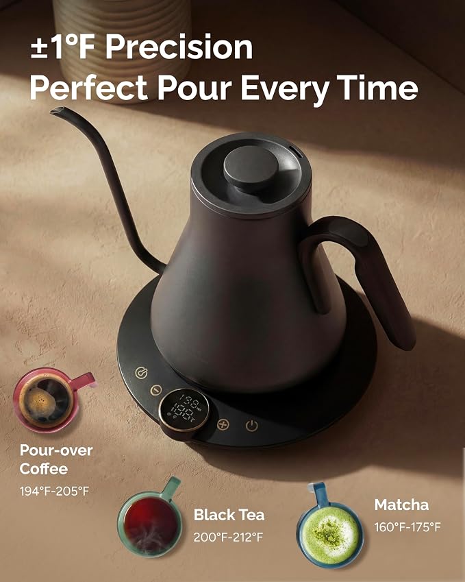 INTASTING Gooseneck Electric Kettle with Precise ±1℉ Temperature Control, Wood-Accented Handle, Stainless Steel Interior, Quick Heating Pour Over Kettle for Coffee & Tea, 0.9L, Matte Grey