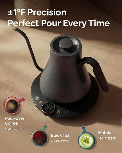 INTASTING Gooseneck Electric Kettle with Precise ±1℉ Temperature Control, Wood-Accented Handle, Stainless Steel Interior, Quick Heating Pour Over Kettle for Coffee & Tea, 0.9L, Matte Grey