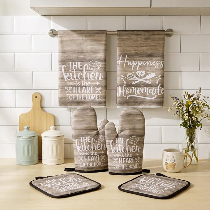Sratte 6 Pcs Kitchen Decor Accessories Set Farmhouse Towels Pot Holders Oven Mitts Set 2 Dish Towels 2 Potholders 2 Cooking Mittens Oven Glove for Christmas Baking Cooking(Brown Wood Grain)