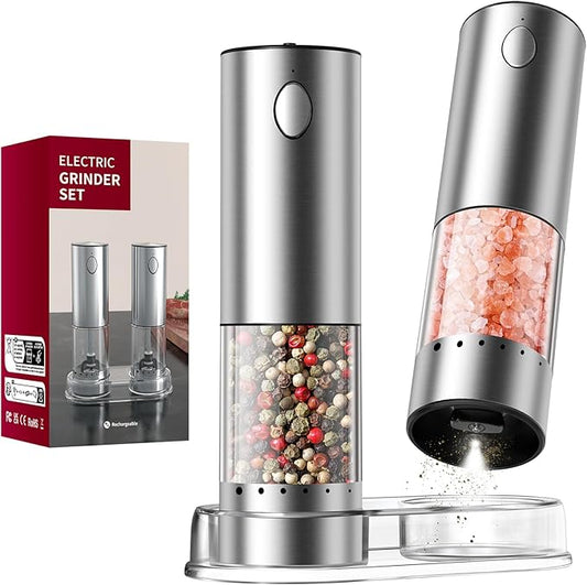 CIRCLE JOY Electric Salt and Pepper Grinder Set Rechargeable Stainless Steel Salt and Pepper Shakers with LED Light and Storage Base, External Adjustable Coarseness for Hygienic Easy Use
