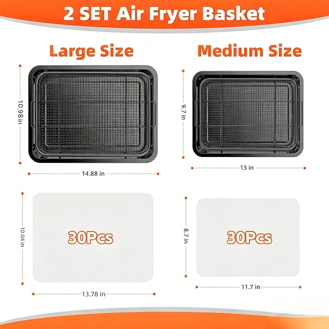 Air Fryer Basket for Oven, 2 Set Oven Air Fryer Basket and Tray with Cooking Guide&60 PCS Parchment Papers,DEGOVIN Crisper Tray Non-stick Stainless Steel Air Fry Pans for Convection Oven(Large+Medium)