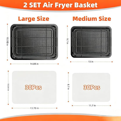 Air Fryer Basket for Oven, 2 Set Oven Air Fryer Basket and Tray with Cooking Guide&60 PCS Parchment Papers,DEGOVIN Crisper Tray Non-stick Stainless Steel Air Fry Pans for Convection Oven(Large+Medium)