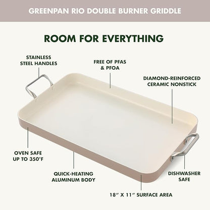 GreenPan 18" x 11" Double Burner Griddle Pan, Hard Anodized Healthy Ceramic Nonstick PFAS-Free, Stainless Steel Handles, Stovetop Cooking, Dishwasher Safe, Oven & Broiler Safe Cookware, Taupe