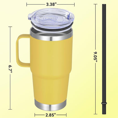 20 oz Stainless Steel Tumbler with Handle Metal Insulated Coffee Travel Mug with Handle Double Wall Tumbler Cup with Lid and Straw, Yellow 1 Pack