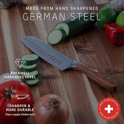 Swiss Diamond Santoku Knife, German Steel with Carbonized Ash Wood, Full Tang Handle, Damascus Blade Chef Knives Professional Grade, 55+2 Rockwell Hardness, 7 Inch