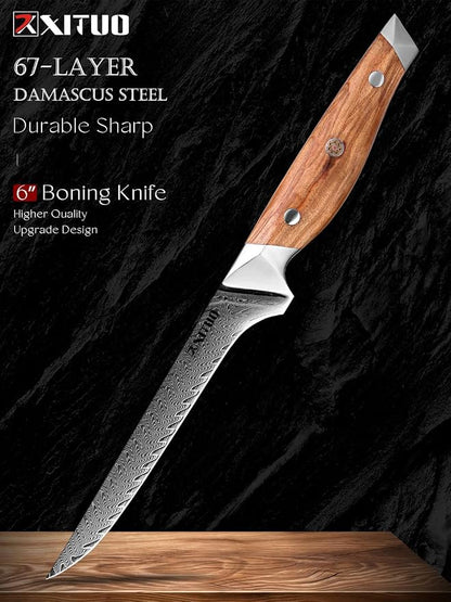 XITUO 6-Inch Boning Knife, Damascus Steel Sharp Blade with Olive Wood Handle – Heavy Duty Meat Trimmer for Steak, Ribs & Turkey, Great Gift for Cooking Enthusiasts