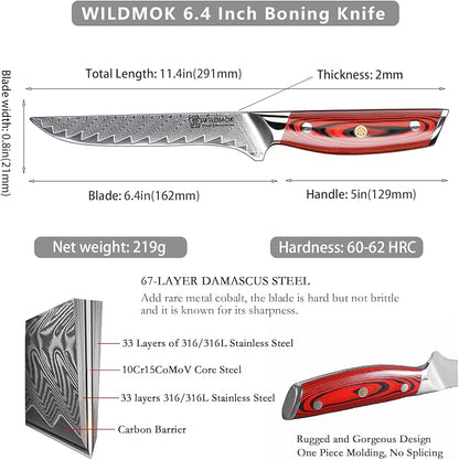 WILDMOK Damascus Boning Knife, 6.4 Inch Sharp Professional Fish Fillet Knife, Japanese Super VG10 Steel Multifunction Kitchen Knife with Full Tang G10 Handle-Song Series