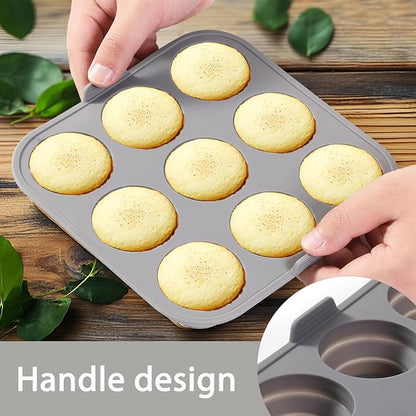 9-Cavity Silicone Mold Pan for Tiered Mini Cakes, Set of 2, Non-Stick Collapsible Cupcake Baking Tray for Muffin, Grey